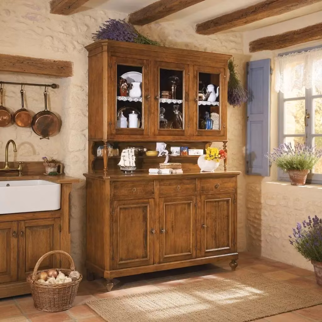 Cristalliera in legno massello stile arte povera con 3 porte in vetro e 3 cassetti di Mobili 2G, colore noce, L: 160 cm, P: 50 cm, H: 221 cm – 2