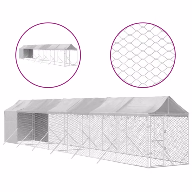 Cuccia Cani da Esterno Tetto Argento 2x14x2,5 m Acciaio Zincato