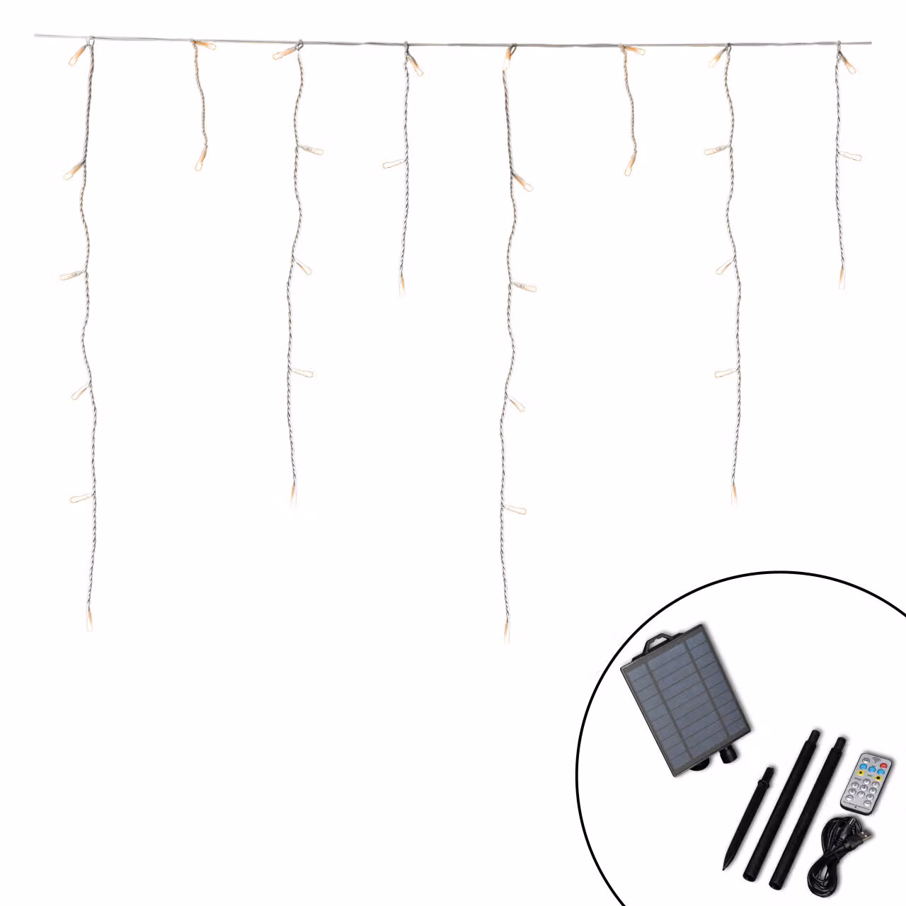 Decorazione natalizia Konstsmide, tenda luminosa solare a LED per la pioggia di ghiaccio, 200 diodi color ambra, incluso pannello solare, batterie interne ricaricabili, cavo bianco, per esterni