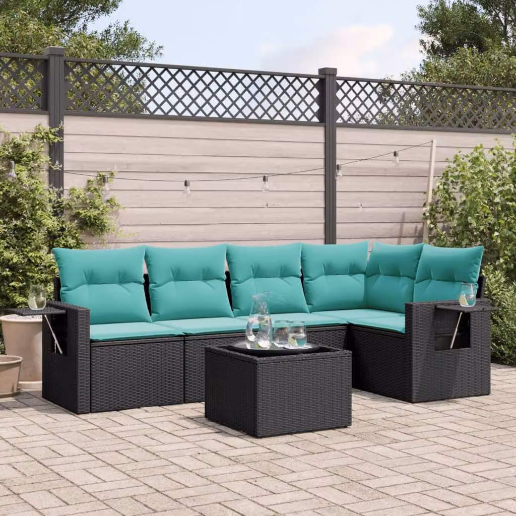 Set di divani da giardino vidaXL in polyrattan nero con cuscini e tavolino da esterno a forma di L