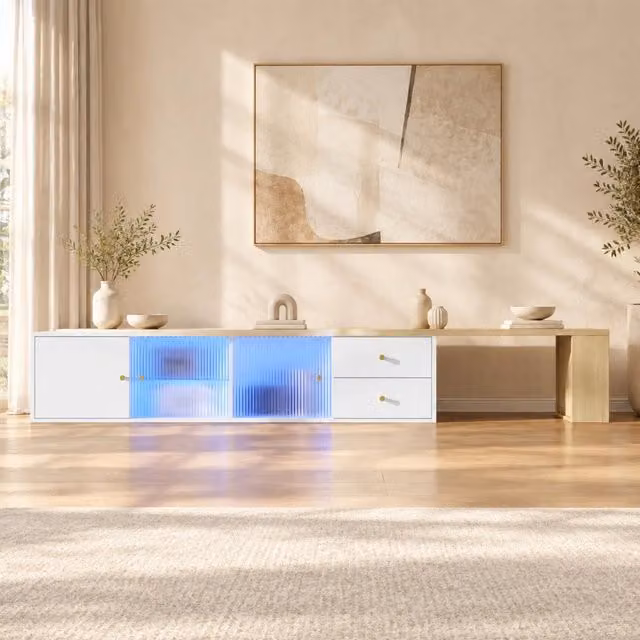 Mobile TV allungabile 175x40x35,5 cm bianco naturale in truciolato con LED RGB