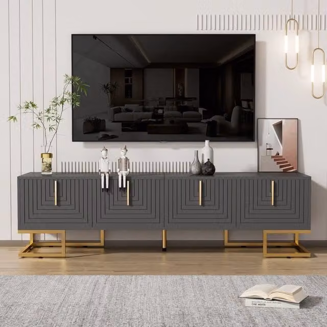 Mobile TV con 4 ante, ripiani interni, cerniere ammortizzate e piedi regolabili, grigio scuro, 170 × 40 × 45,5 cm