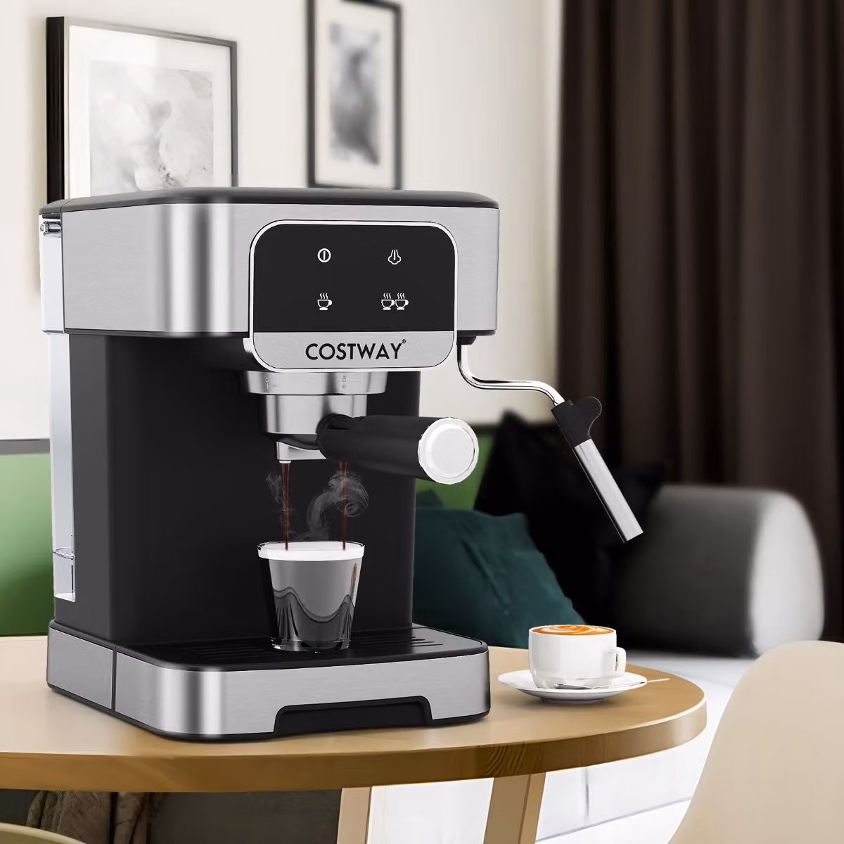 Macchina da caffè espresso professionale Costway 1200W con montalatte a vapore, 20 bar, Nero e Argento in acciaio inossidabile