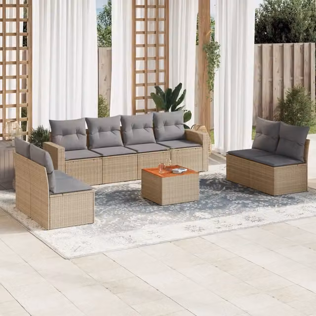 vidaXL Set Divano da Giardino 9 pz in Polyrattan con Cuscini Beige e Grigio e Tavolino da Esterno – 1