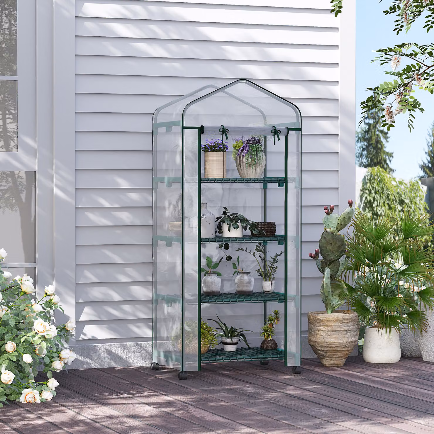 Outsunny Serra Verticale per Orto con Porta Avvolgibile e Scaffale a 4 Ripiani in Acciaio e PVC Bianco, L 69 cm x P 50 cm x H 165 cm – 2