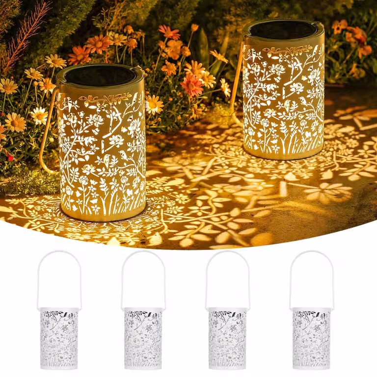 Set di 4 lampade solari da appendere, stile vintage, in metallo, con grado di protezione IP65, con motivo floreale e a tema uccelli