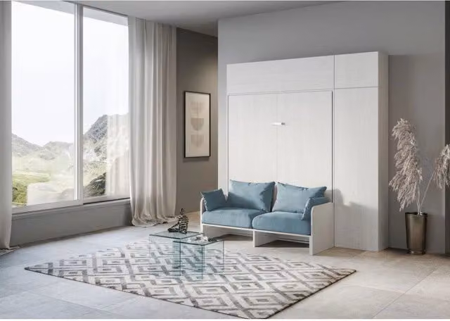 Letto matrimoniale a scomparsa Kentaro Itamoby con divano e mobili, Azzurro e Bianco Frassino, 160x200 cm