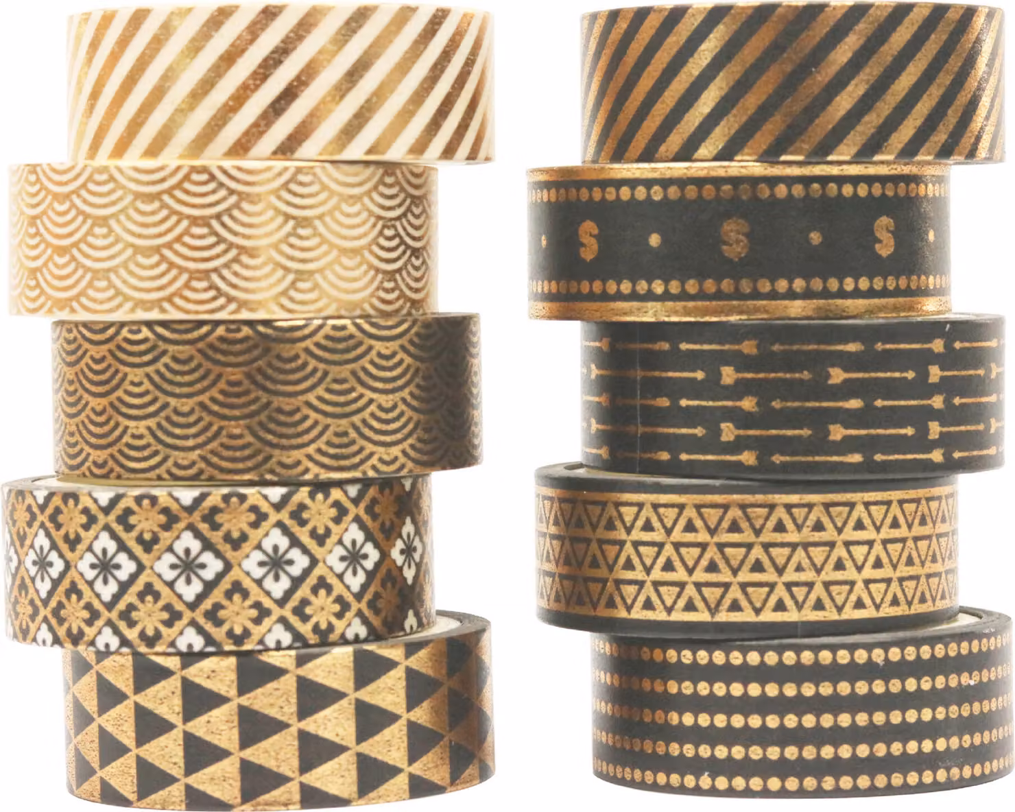 INF Set di 10 Washi Tape Neri con Lamina Oro, Nastro Adesivo Decorativo Oro