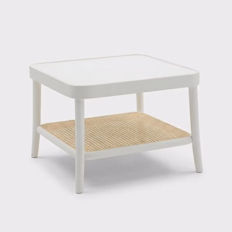 Tavolino quadrato in legno laccato con ripiano in vimini viennese Thomas - Bianco