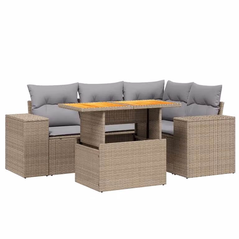 Set Divano da Giardino 5 pz con Cuscini Beige in Polyrattan