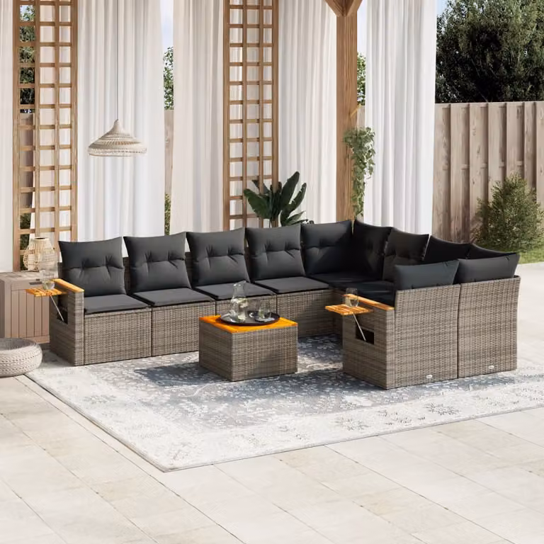 vidaXL Set Divano da Giardino 10 pz a L con Cuscini Grigio in Polyrattan e Tavolino da Caffè