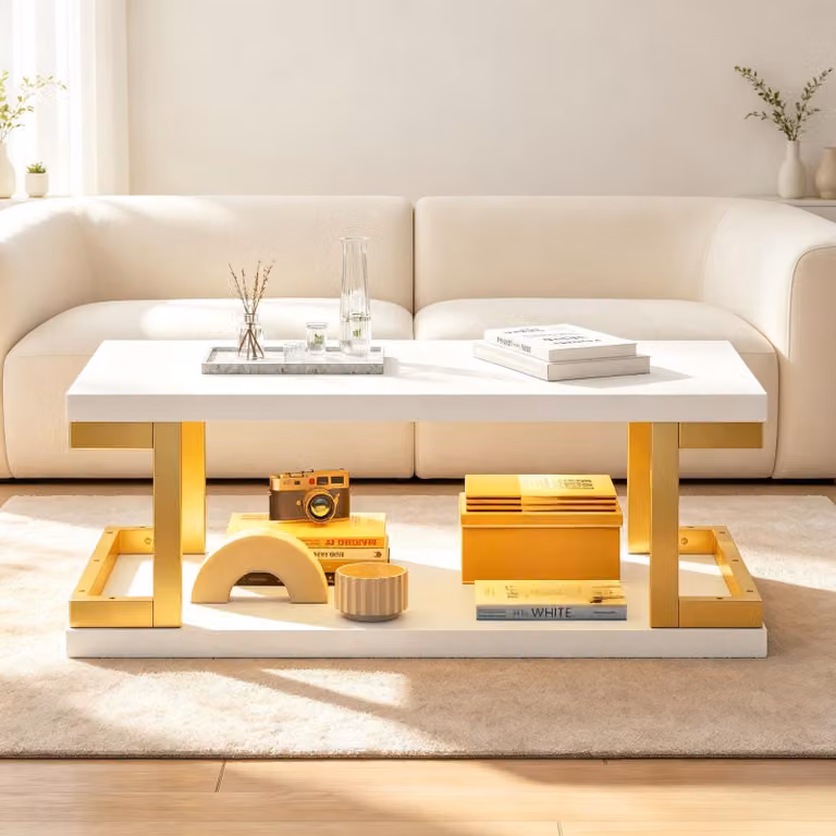 Tavolini da divano MODFU con illuminazione LED, tavolino bianco per soggiorno, tavolino da divano con ripiano aperto e struttura in metallo, tavolino da caffè per il soggiorno