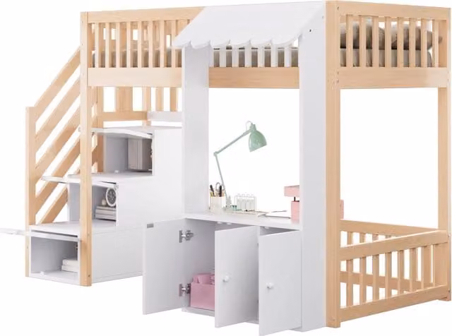 Letto a soppalco 90x200 cm con scala contenitore e LED multicolore in pino e MDF; naturale
