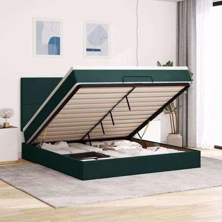 Letto con contenitore e pouf vidaXL in velluto verde e bianco con base a sollevamento, luci sottobettiera e porta USB, L/P/H: 203 x 160 x 128 cm