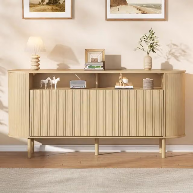 Consolle Minimal con 3 ante e ripiano in rovere massello color beige, L: 160 cm, P: 40 cm, H: 78.5 cm – 1