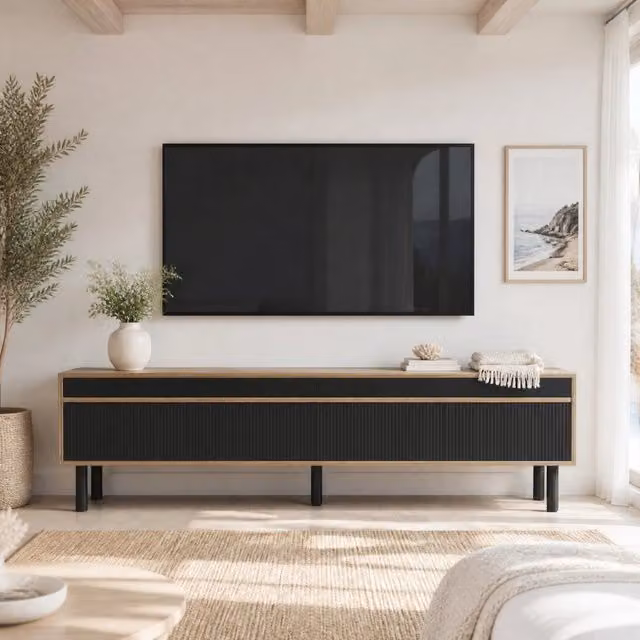 Mobile TV ULEVR 170x38 cm con 4 ante push-to-open e gambe in legno massello, nero e naturale
