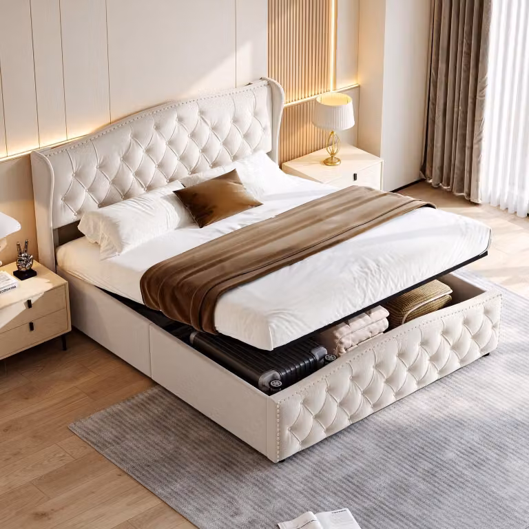 Letto imbottito INONEFT 140x200 cm con rete a doghe, letto matrimoniale con spazio contenitore, letto box con sistema idraulico, letto imbottito in velluto con spazio contenitore, colore beige