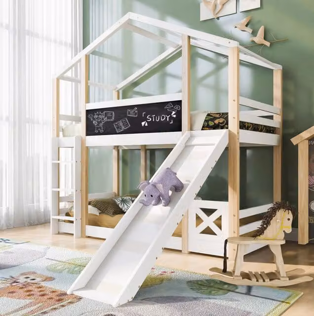 Letto a soppalco per bambini con scivolo e scala 90x200 cm; legno massello; bianco