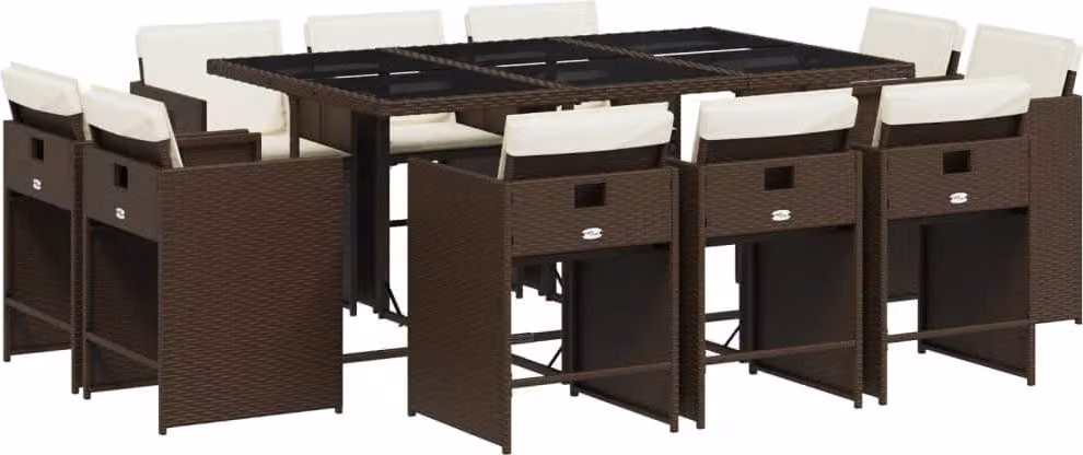 Set da Pranzo da Giardino 11 pz con Cuscini Polyrattan Marrone