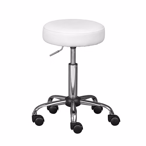 Sgabello Con Ruote Multiuso In Metallo Cromato E Pu Imbottito Bianco.
