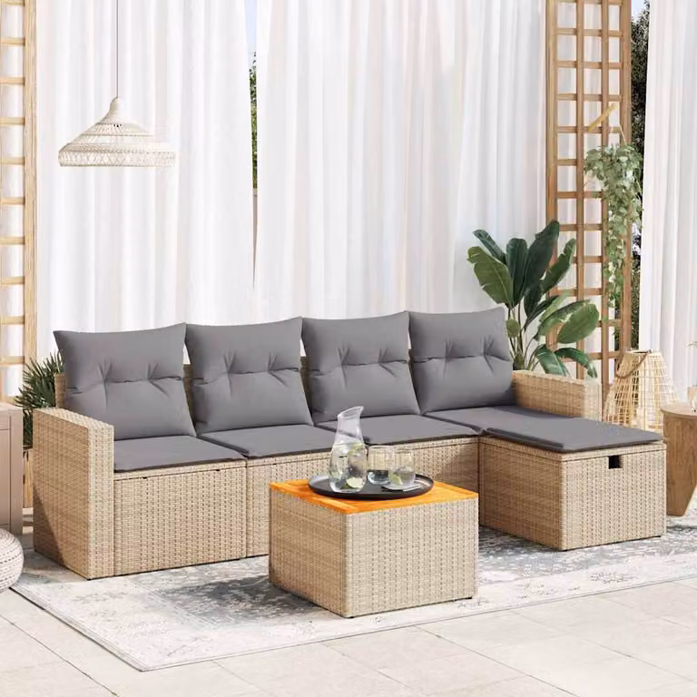 Set Divano da Giardino a L vidaXL 6 pz con Cuscini Beige e Struttura in Polyrattan e Acciaio