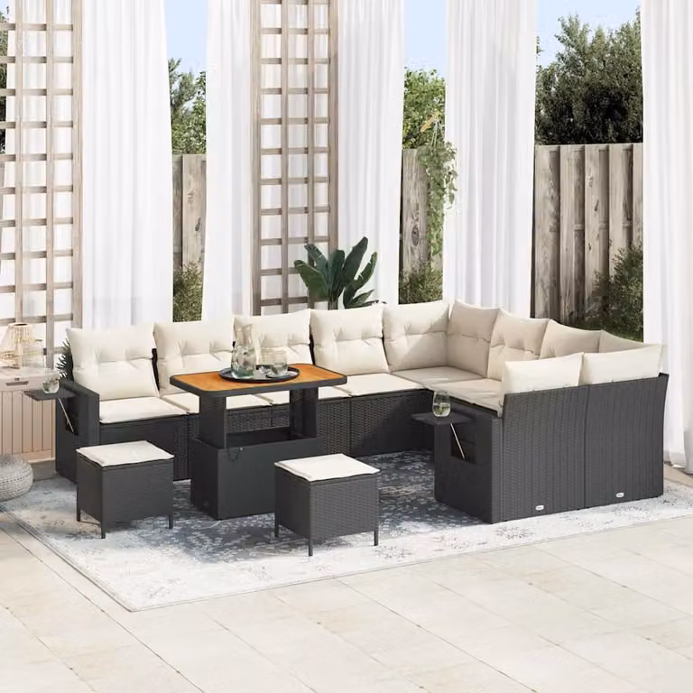 Set Divano da Giardino Moderno vidaXL in Polyrattan Nero con Cuscini e Tavolino da Esterno