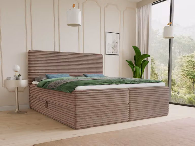 Letto boxspring Mollo con 2 cassetti, letto matrimoniale con materasso Bonell e topper, letto imbottito in morbido velluto a coste, letto, letto box, struttura letto per camera da letto (marrone (Tilia 17), 180 x 200 cm)
