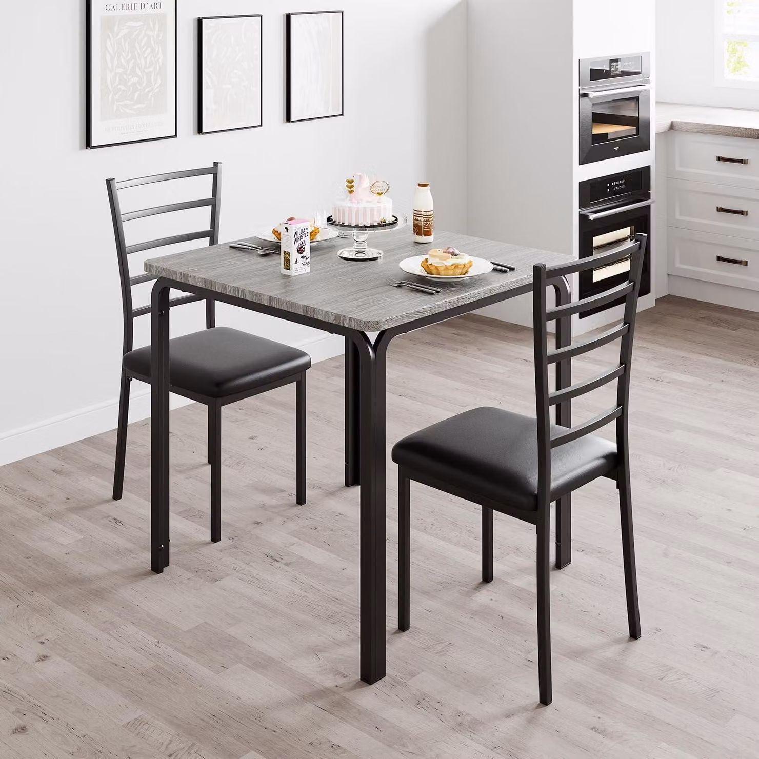 Set da pranzo componibile, composto da un tavolo quadrato e 2 sedie, salvaspazio, con sedute imbottite, angoli arrotondati, colore grigio
