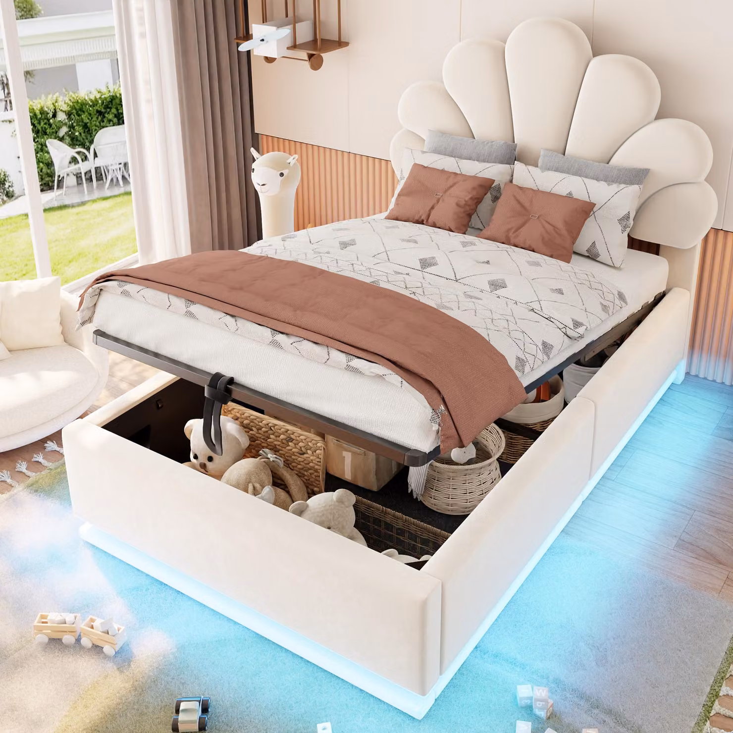 Letto imbottito Flieks 90x200 cm, rivestito in ecopelle, con sistema di sollevamento idraulico, adatto a bambini e adolescenti, con testiera a forma di fiore, contenitore per riporre oggetti, tessuto in velluto, colore beige