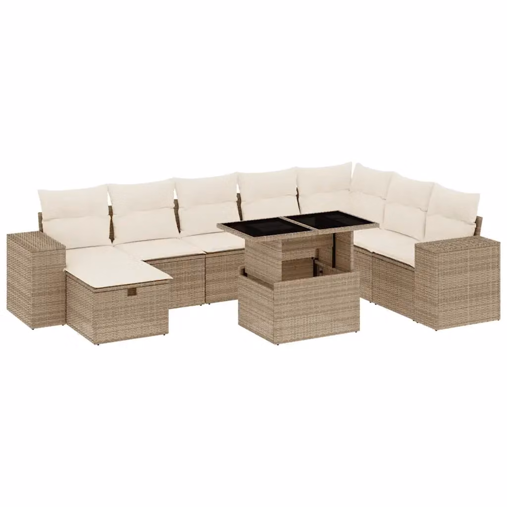 Set Divano da Giardino Moderno vidaXL a Forma a L con 9 Pezzi, Cuscini Beige e Tavolino, Struttura in Metallo e Polyrattan per Terrazza e Giardino – 2