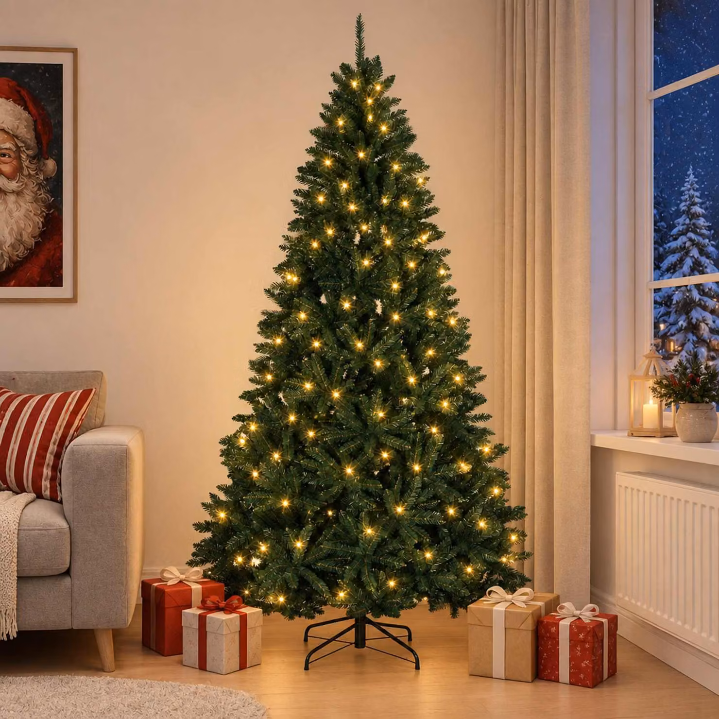 Albero di Natale artificiale pieghevole, altezza 240 cm, con 300 luci a LED