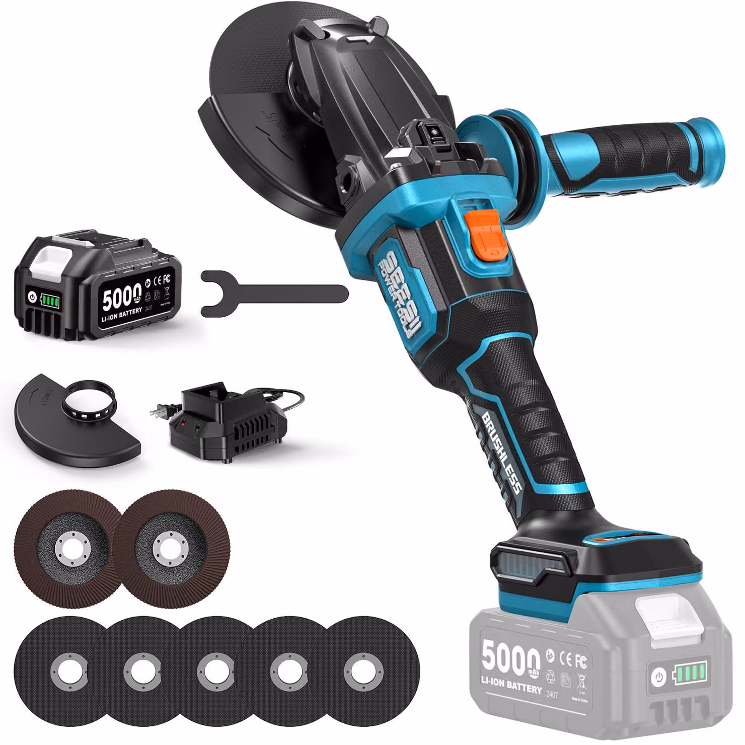 Smerigliatrice angolare a batteria, piatta, senza spazzole, 21 V, 5,0 Ah, 6 velocità