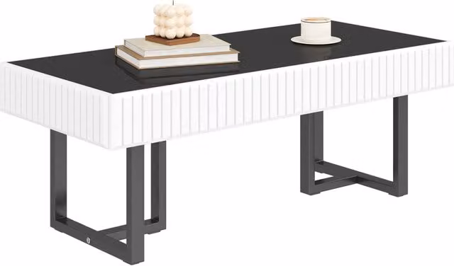 Tavolino da soggiorno moderno classico nero e bianco, piano tavolo nero lucido, 110x50,5x41 cm