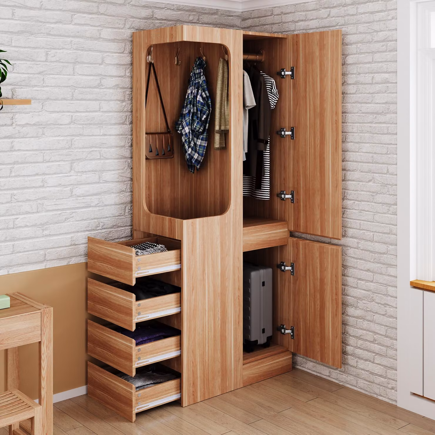 STILVORA: armadio con quattro cassetti laterali, guardaroba con ripiani, credenza alta con zona appendiabiti a vista, finitura in legno
