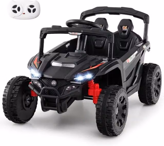 Auto elettrica 12V per bambini 3 velocit¨¤ luci LED clacson e sospensioni a molla, UTV fuoristrada con telecomando Nero