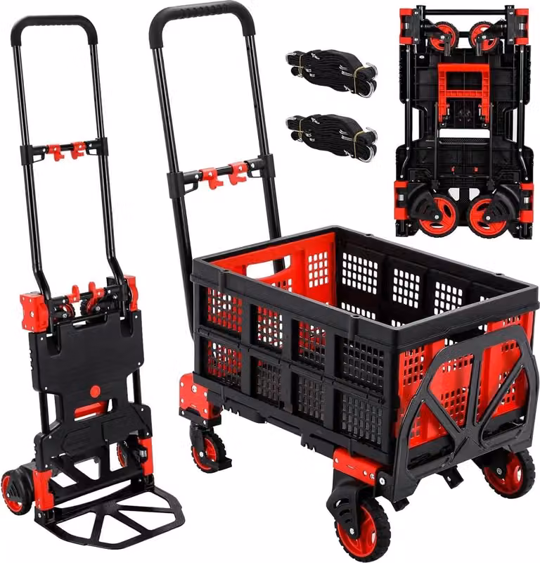 Carrello manuale Dolly, portata 150 kg, design versatile 2 in 1, rosso