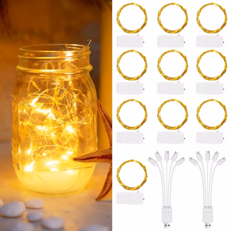 Catena luminosa a LED, 10 pezzi, luce bianco caldo, 2 metri, 20 LED, ricaricabile