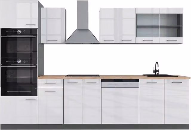 Cucina componibile moderna R-Line Vicco Bianco lucido e Antracite con armadio alto, L: 300 cm, H: 206,8 cm, P: 60 cm