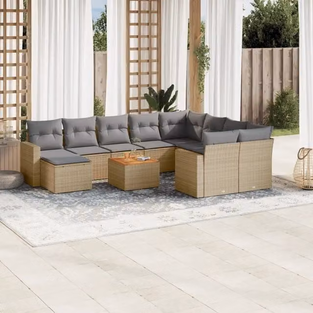 Set Divano da Giardino vidaXL 11 pz in Polyrattan con Cuscini Beige e Grigio a Forma di U