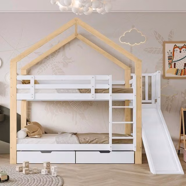 Letto a Castello con Scivolo e 2 Cassetti ¨C MINIMAL ¨C Legno Massello Bianco/Naturale 90x200