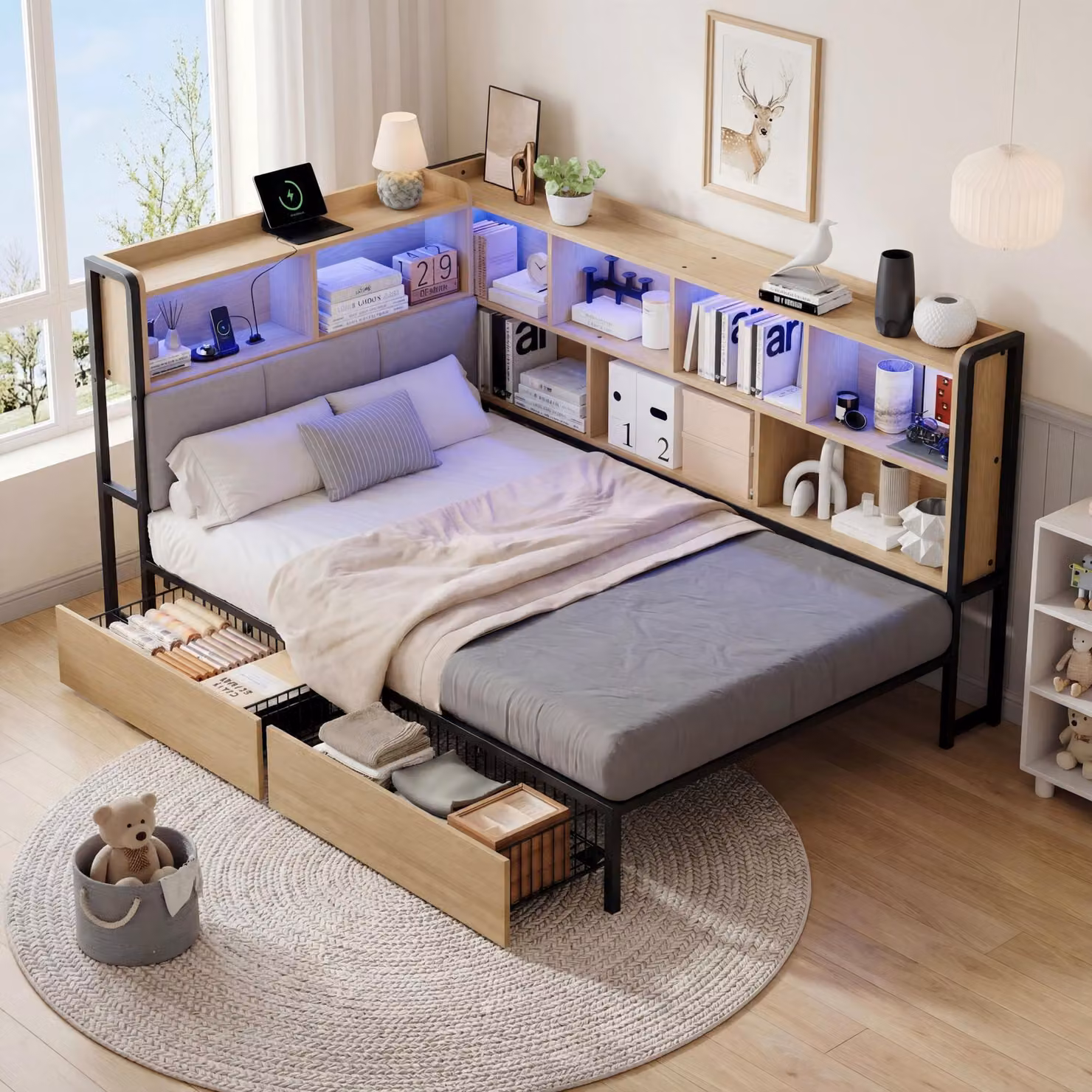 Divano letto MODFU 90x200 con materasso, porta USB e stazione di ricarica Type-C; letto per ragazzi, letto multifunzionale con illuminazione a LED e 2 cassetti; letto singolo con cassetti, finitura naturale