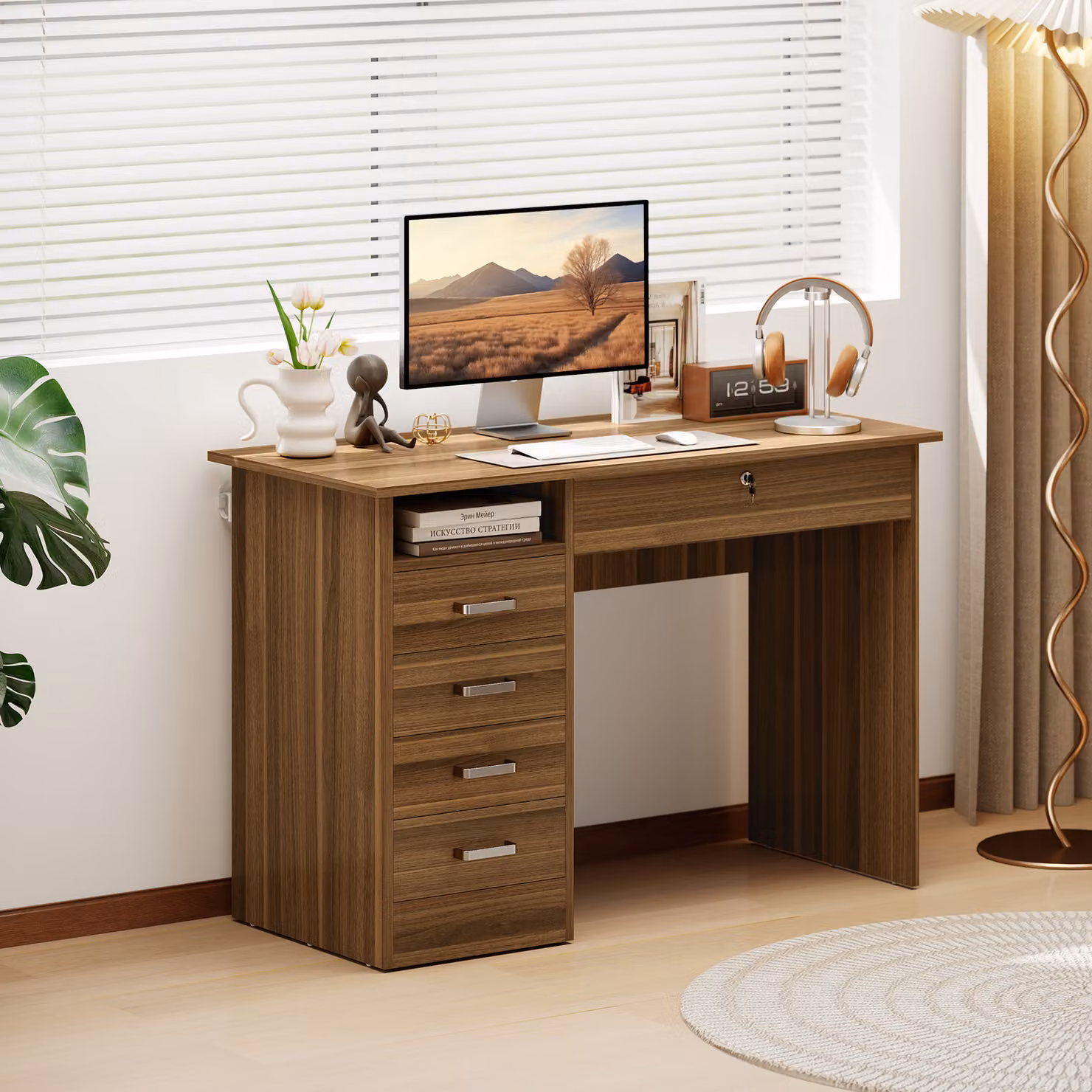 Scrivania PC HOMCOM moderna con 5 cassetti, ripiano aperto e serratura, colore noce e dettagli argento, L: 110 cm, P: 50 cm – 2