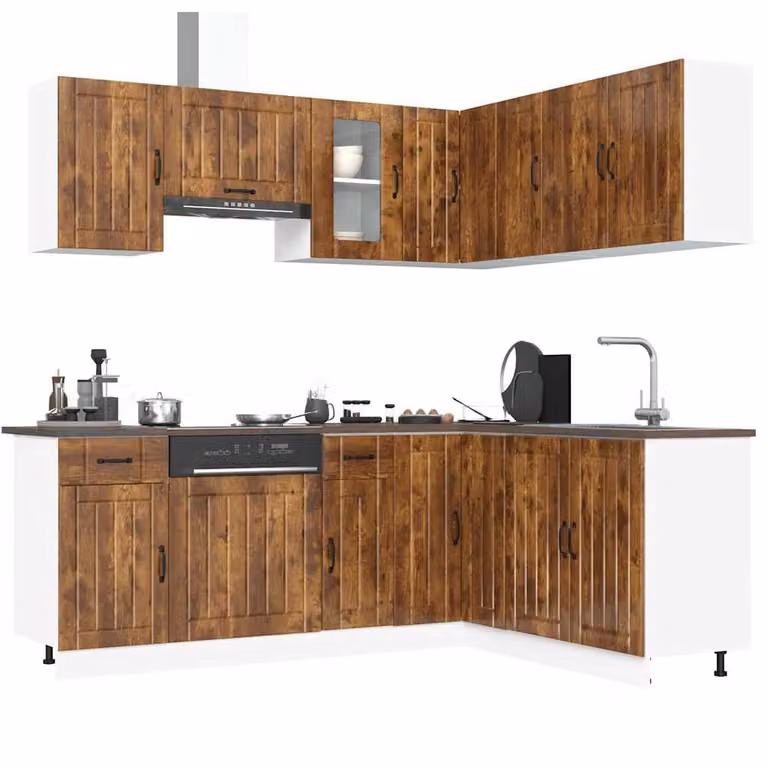 Set di mobili da cucina vidaXL Lucca composto da 11 pezzi in stile rustico, colore marrone, con ante a battente e ripiani aperti
