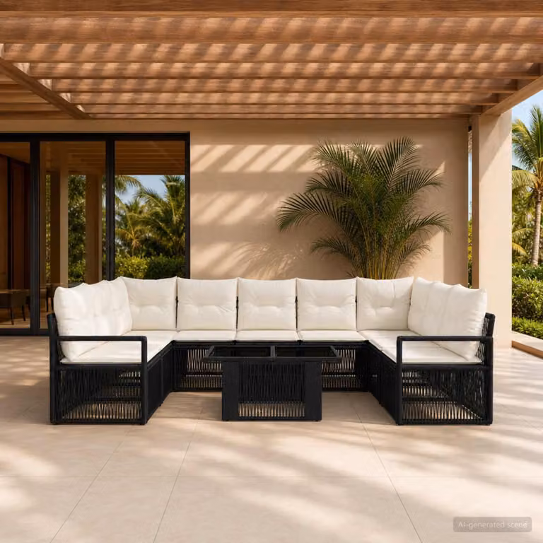Set Divano da Giardino vidaXL 10 Pezzi in Polyrattan Nero e Bianco Crema con Cuscini e Tavolino