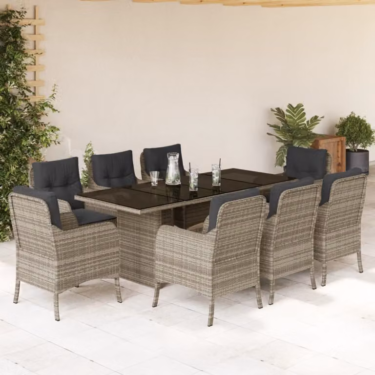 Set Pranzo da Giardino vidaXL in Polyrattan con Cuscini e Piano in Vetro, 9 Pezzi, Grigio Antracite