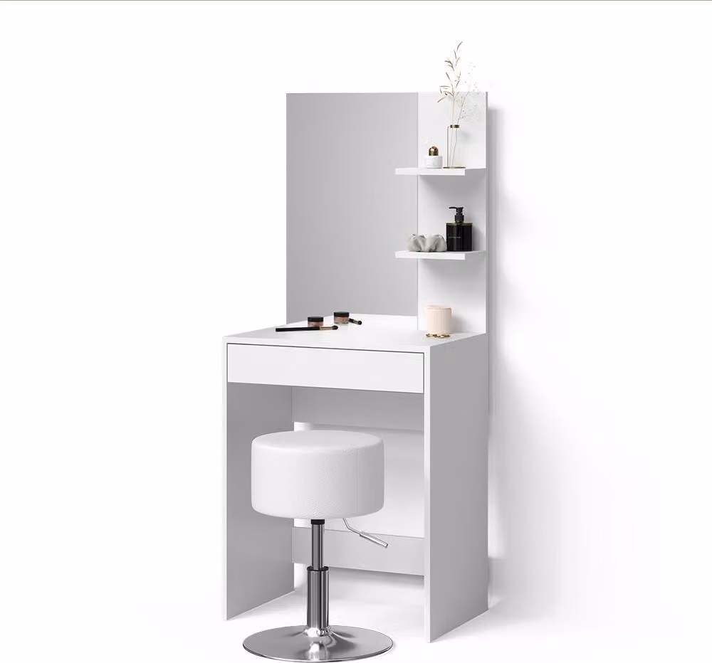 Tavolo da toeletta Livinity Nola Bianco 60 cm con specchio e sgabello, Model 52345