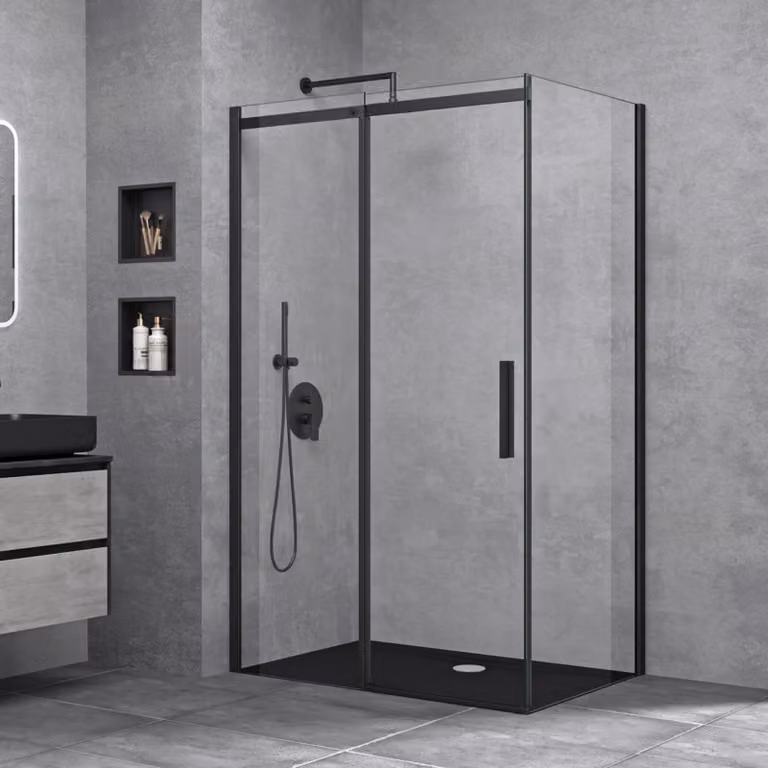 doporro Box Doccia Angolare con Porta Scorrevole Vetro 8 mm Temperato Trasparente Profilo Alluminio Nero H 195 75x120 cm - Ravenna18K