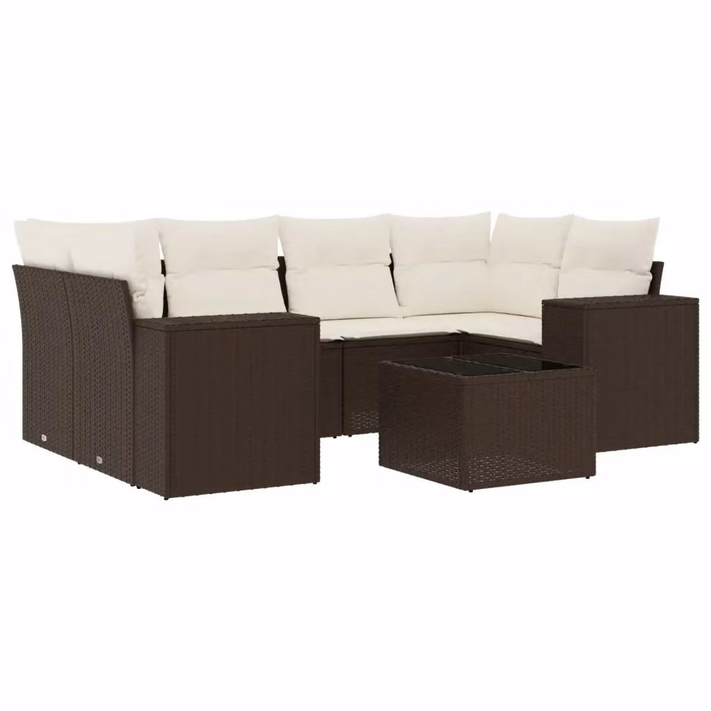 Set di divani da giardino vidaXL 7 pz in polyrattan marrone e bianco con cuscini e tavolino da esterno a forma di L – 2