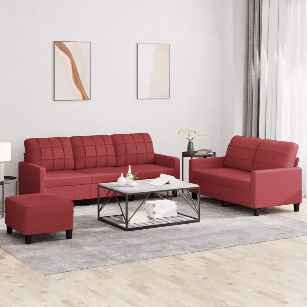 Set di divani vidaXL 3 pezzi in similpelle rossa con pouf e cuscini per soggiorno moderno