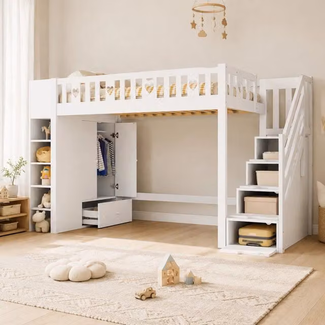 Letto a castello singolo per bambini con scala contenitore e cassetti, bianco